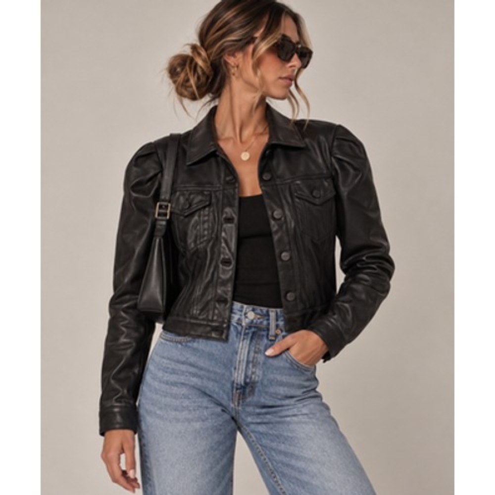 Express Faux Leather Jacket Womens Small Black Puff Sleeve Button Front Cropped